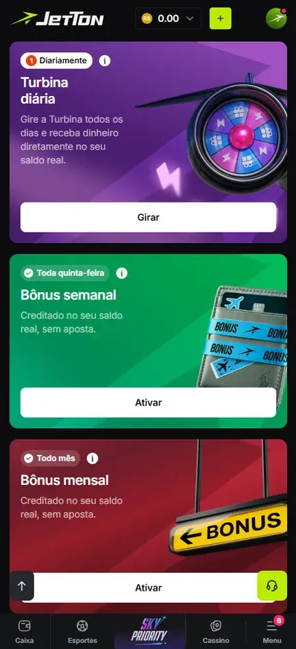 Cartões de promoção da Jetton com os selos Diariamente, Toda quinta-feira e Todo mês