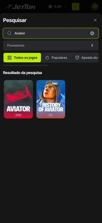 Resultado do Pesquisar para Aviator com duas capas: Aviator, marcado Spribe, e History of Aviator, com um piloto