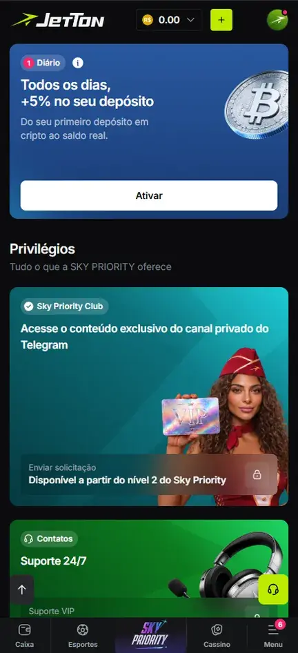 Tela da Jetton com o card de +5% no depósito em cripto e a seção Privilégios, onde o Sky Priority Club oferece conteúdo do canal privado do Telegram com Enviar solicitação a partir do nível 2
