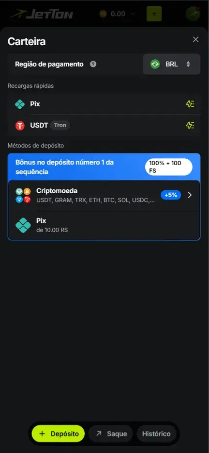 Carteira da Jetton na aba Depósito com Região de pagamento BRL, atalhos Pix e USDT Tron, faixa do bônus do 1º depósito e Pix a partir de 10.00 R$