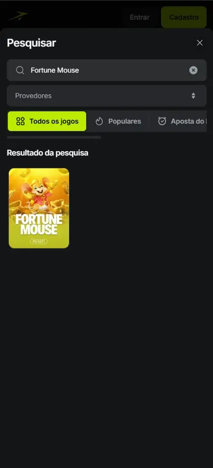 Pesquisa da Jetton sem login com Fortune Mouse digitado e uma única capa da PG Soft
