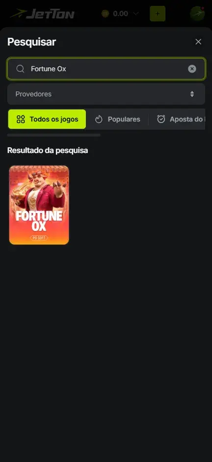 Busca com Fortune Ox digitado e um só resultado: o touro da PG Soft vestido de vermelho