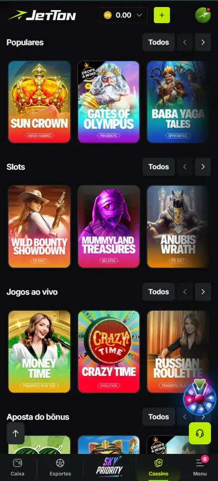 Lobby da Jetton no celular com as fileiras Populares, Slots e Jogos ao vivo, saldo em R$ no topo e barra inferior com Caixa, Esportes, Sky Priority, Cassino e Menu