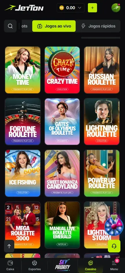 Grade Jogos ao vivo da Jetton com capas de roletas, game shows e Ice Fishing