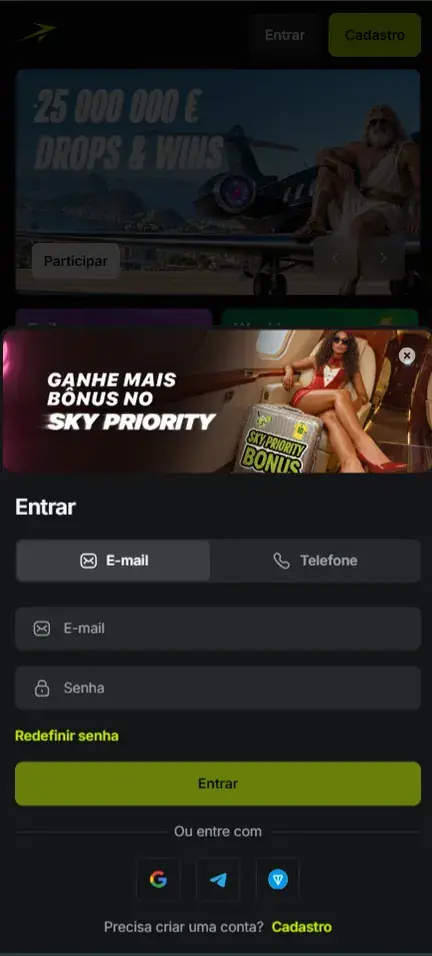 Formulário Entrar da Jetton aberto sobre o lobby, com aba E-mail ativa, campos E-mail e Senha, link Redefinir senha, botão Entrar e ícones de Google, Telegram e TON