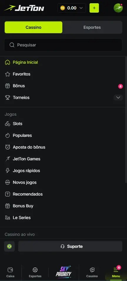Menu da Jetton com as abas Cassino e Esportes, campo Pesquisar, Página inicial, Favoritos, Bônus, Torneios e a lista de jogos de Slots a Le Series