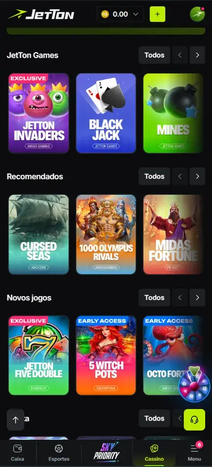 Faixa JetTon Games no lobby da Jetton com Jetton Invaders, Black Jack e Mines, seguida das faixas Recomendados e Novos jogos