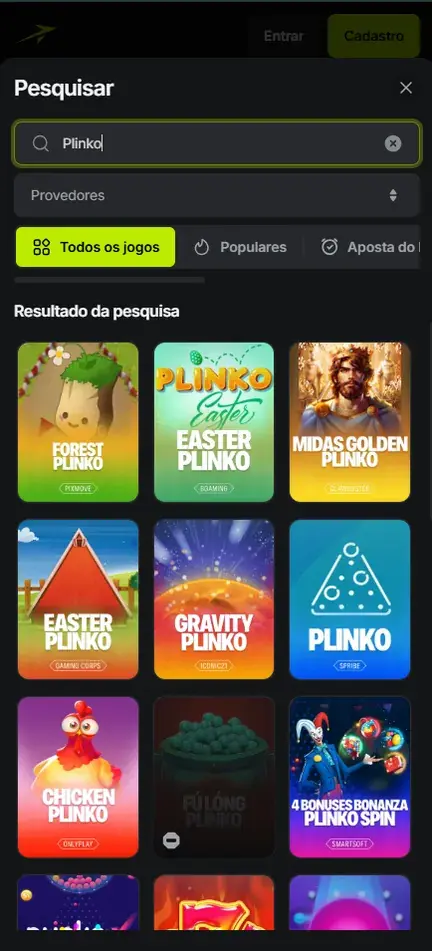 Busca Plinko na Jetton com capas como Forest Plinko, Easter Plinko, Gravity Plinko, Plinko da Spribe e Chicken Plinko, e os botões Entrar e Cadastro no topo