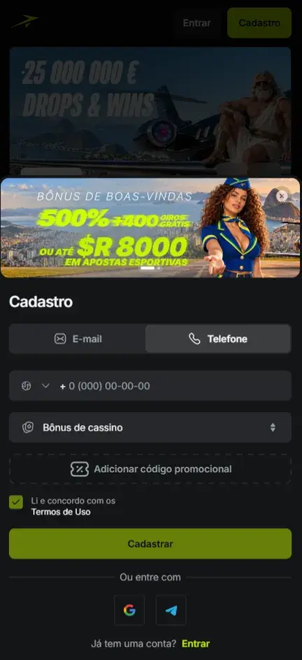 Cadastro da Jetton na aba Telefone com campo de número e seletor de país, seletor Bônus de cassino e banner de boas-vindas de 500% mais 400 giros grátis ou até R$ 8000 em apostas esportivas