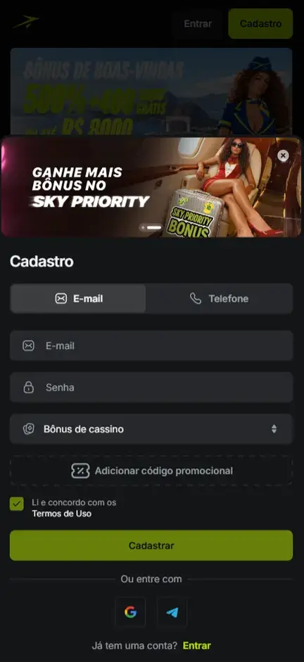 Formulário Cadastro da Jetton na aba E-mail com campos E-mail e Senha, seletor Bônus de cassino e botão pontilhado Adicionar código promocional