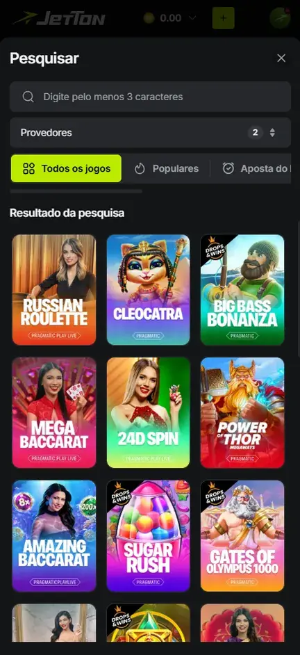 Resultado da pesquisa da Jetton com dois provedores marcados e capas de Big Bass Bonanza, Sugar Rush e Gates of Olympus 1000 com selo Drops & Wins