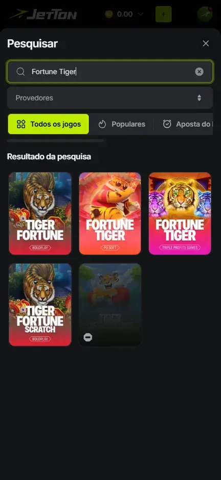 Tela de busca com Fortune Tiger digitado, o filtro Provedores e cinco capas em Resultado da pesquisa