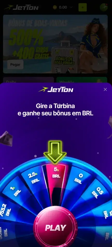 Janela Gire a Turbina e ganhe seu bônus em BRL com roda de prêmios e botão Play