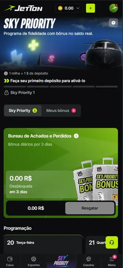 Tela Sky Priority da Jetton com a regra de milhas, o nível 1 com cadeado e as abas Sky Priority e Meus bônus