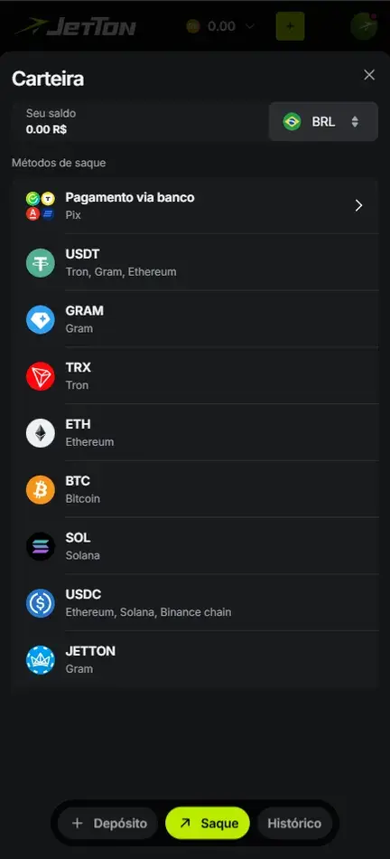 Aba Saque da Carteira da Jetton com Pagamento via banco (Pix) no topo e criptomoedas abaixo, saldo em BRL